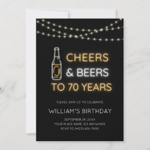Invitation Enseigne néon Cheers & Beers 70 ans Photo d'annive