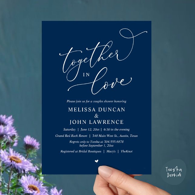 Invitation Ensemble dans l'amour, Romantique Couples Douche P (Together in Love, Romantic Couples Shower Party Invitation Card PDF modern minimalist Navy Blue)