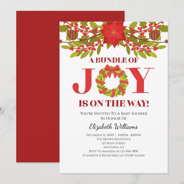 Invitation Ensemble De Joy Poinsettia Baby shower De Noël (Devant / Derrière)