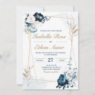 Invitation Ensemble de mariage personnalisé bleu marine et or