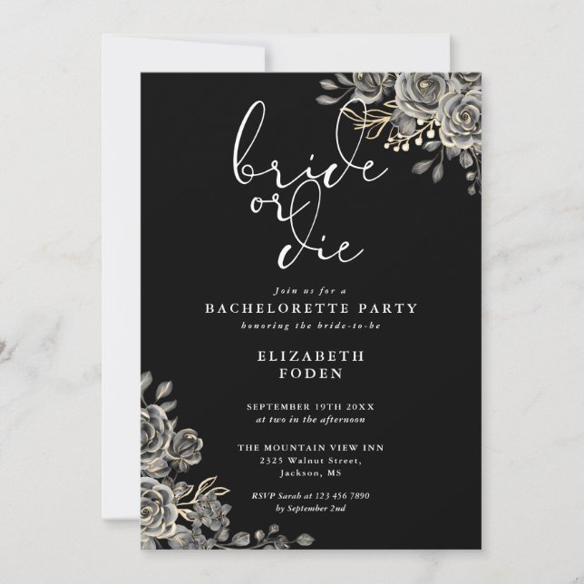 Invitation Enterrée de vie de jeune fille gothique noir et bl (Devant)
