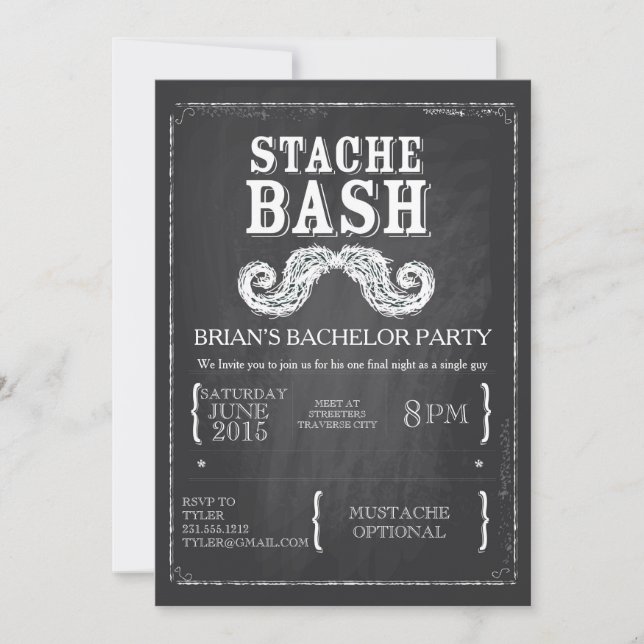 Invitation Enterrement de vie de garçon Moustache Bash Tablea (Devant)