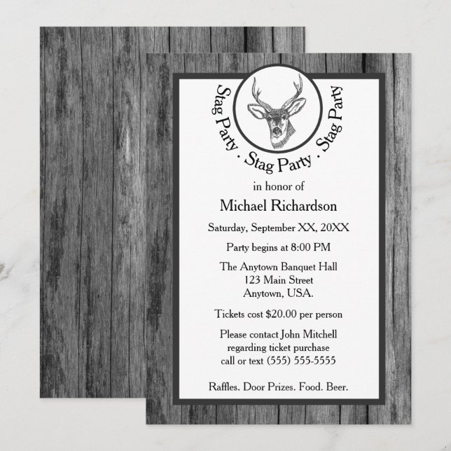 Invitation Enterrement de vie de garçon noir et blanc Buck St (Devant / Derrière)