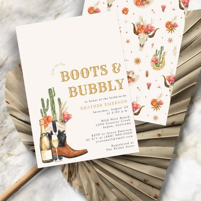 Invitation Enterrement de vie de jeune fille Boots Western (Bridal Shower Boho Watercolor Boots and Bubbly Invitation
)