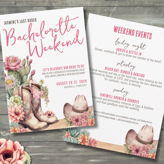 Invitation Enterrement de vie de jeune fille Cowgirl (Last Rodeo Weekend Pink Cowgirl Bachelorette Party Invitation)