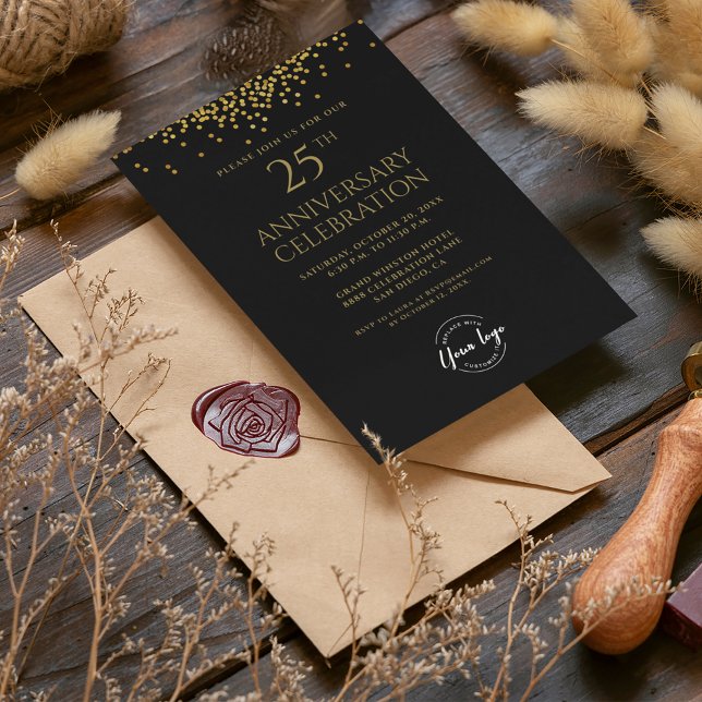 Invitation Entreprise 25e anniversaire Black Gold (25th corporate party invitation black gold confetti design.)