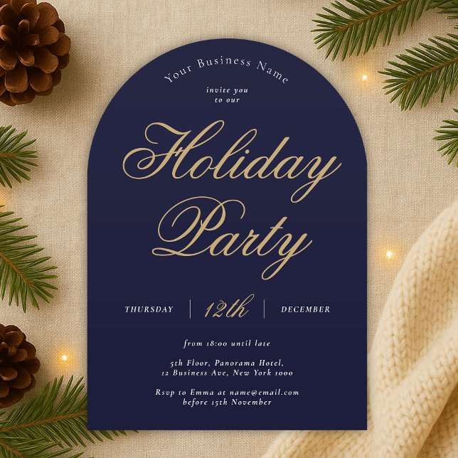 Invitation Entreprise Fête Marine & Gold Business Arch (Modern navy blue and hold Company Holiday Party Arch Invitation)