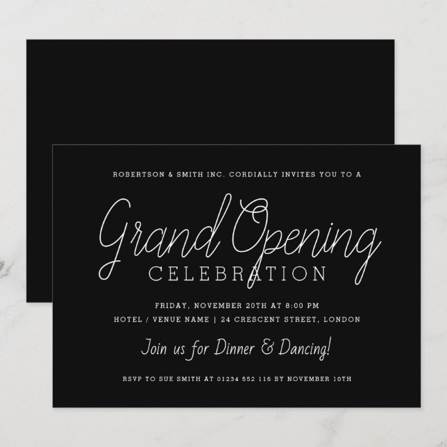 Invitation Entreprise moderne Grand Ouverture Simple Noir  (Devant / Derrière)