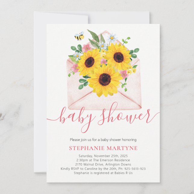 Invitation Enveloppe florale de tournesol baby shower (Devant)