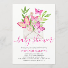 Enveloppe florale rose papillon baby shower
