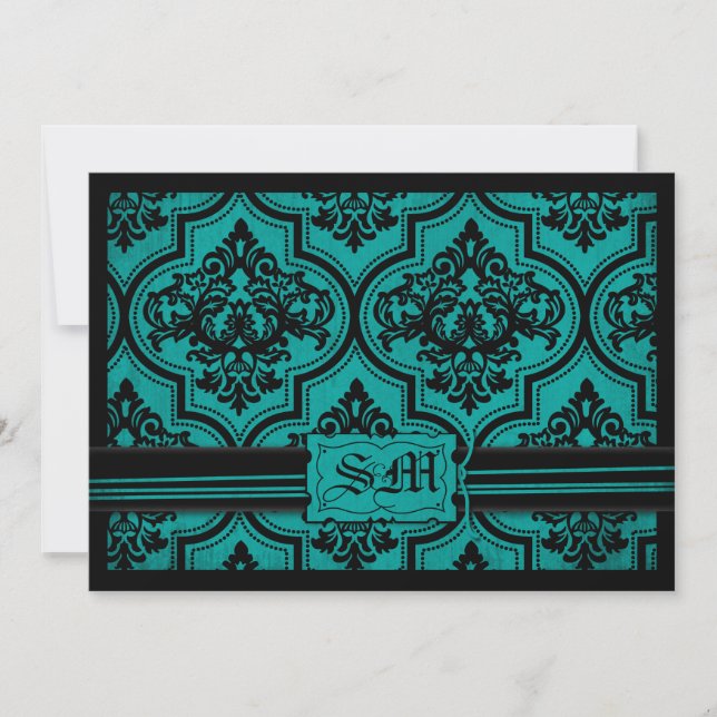 Invitation Enveloppe noire turquoise de Goth mariage damassé (Devant)