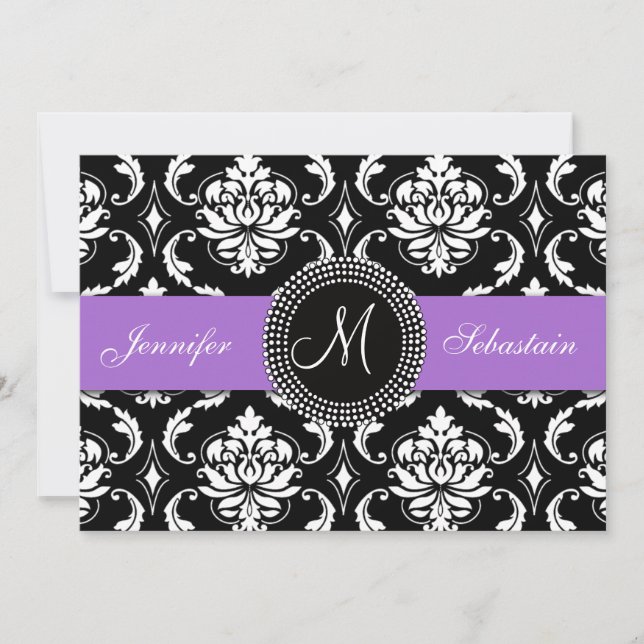 Invitation Envies de mariage de monogrammes de Damas violet (Devant)