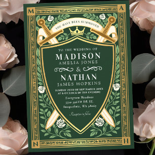 Invitation Épée Bouclier Monogramme Floral Vert Fantaisie Mar