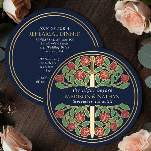 Invitation Épée florale Bleu Or Répétition de mariage royal 