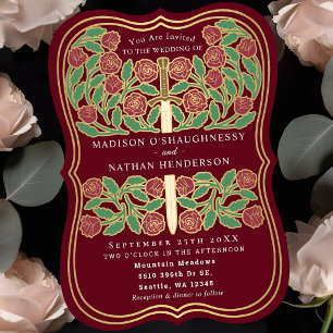 Invitation Épée florale médiévale royale rouge de mariage