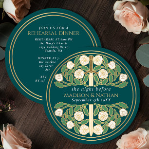 Invitation Épée florale sarcelle dorée Répétition de mariage