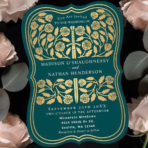 Invitation Épée Royale Médiévale Dorée de Mariage Teal