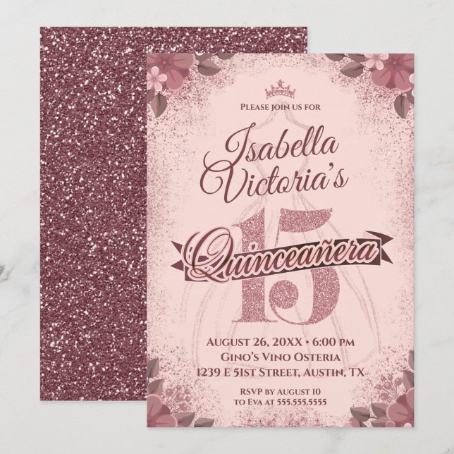Invitation Éperche de Parties scintillant or Rose Quinceanera (Devant / Derrière)