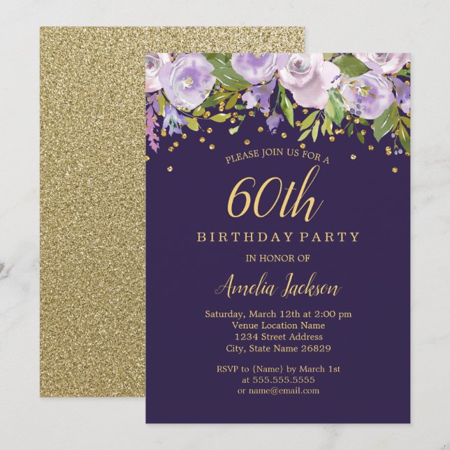 Invitation Éperche Floral Purple Gold 60e anniversaire Invita (Devant / Derrière)