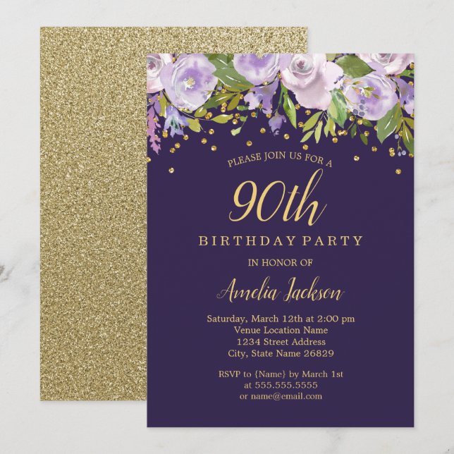 Invitation Éperche Floral Purple Gold 90e anniversaire Invita (Devant / Derrière)