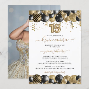 Invitation Éperche noire en or Photo Quinceanera Balloon