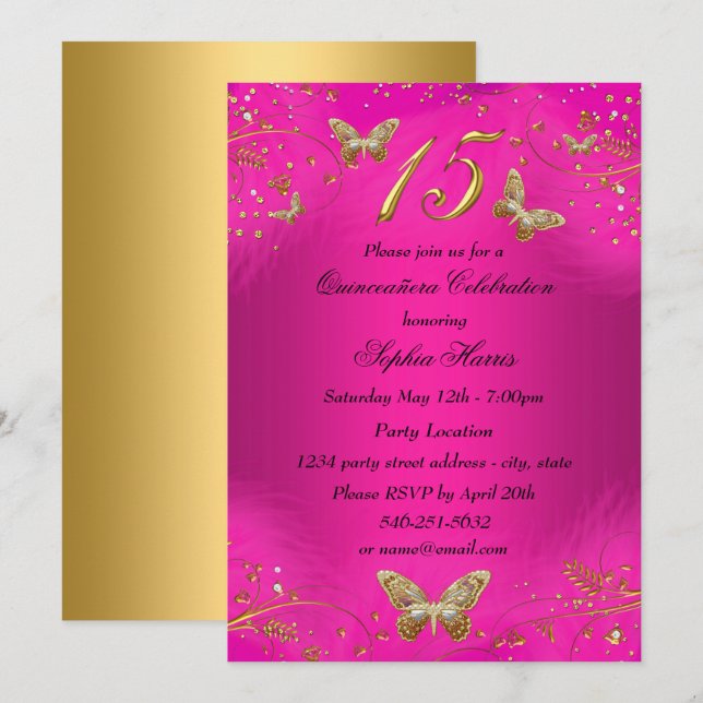 Invitation Éperche rose chaude et papillon Or Quinceanera (Devant / Derrière)