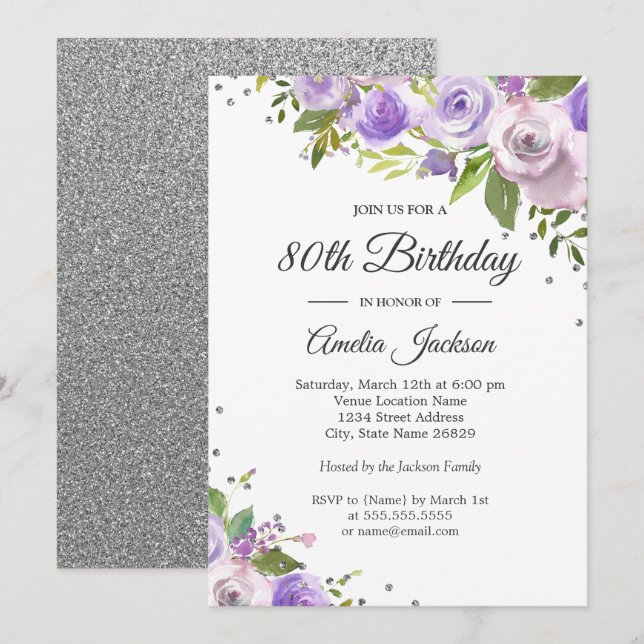 Invitation Épersion d'argent violet Floral 80e anniversaire I (Devant / Derrière)