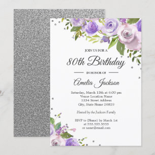 Invitation Épersion d'argent violet Floral 80e anniversaire I