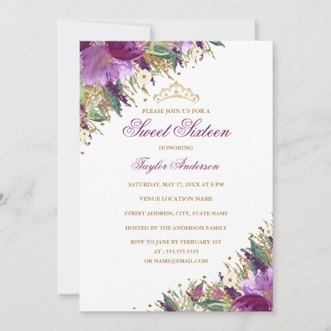 Invitation Épersion Tiara Amethyst Sweet sixteen Floral viole (Devant)
