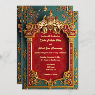 Invitation Éphiles indiens turquoise or bordeaux mariage roya