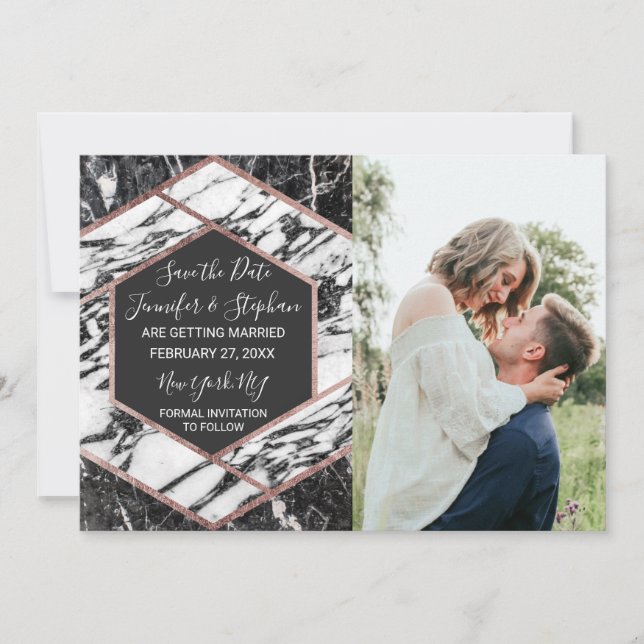 Invitation Épingle Moderne Rose en Marbre avec Bordure Dorée  (Devant)