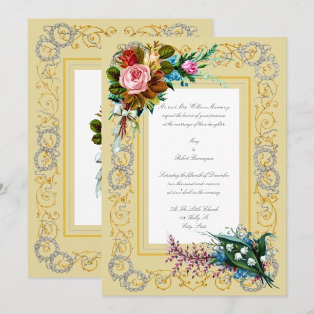 Invitation Époque victorienne Floral Wreath & Bouquets Mariag (Devant / Derrière)