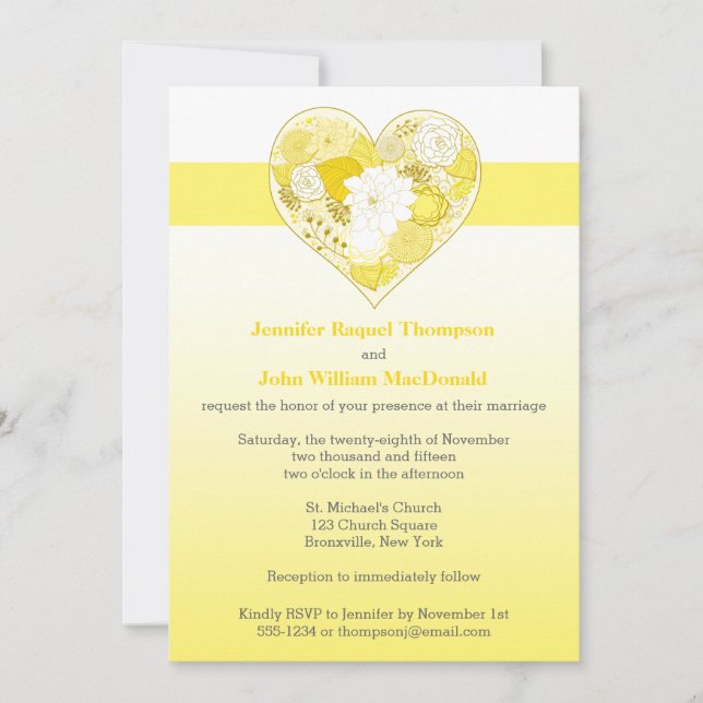 Invitation Épousant | jaune, coeur floral du blanc | Ombre | (Devant)