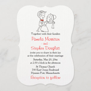 Invitation Épouse de caricatures et Mariage noir, blanc et ro