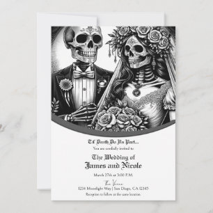 Invitation Épouse et Mariage noir blanc squelette