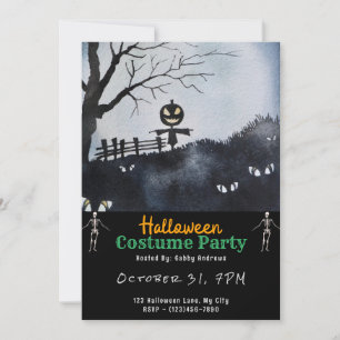 Invitation Épouvantail à tête de citrouille noire Halloween