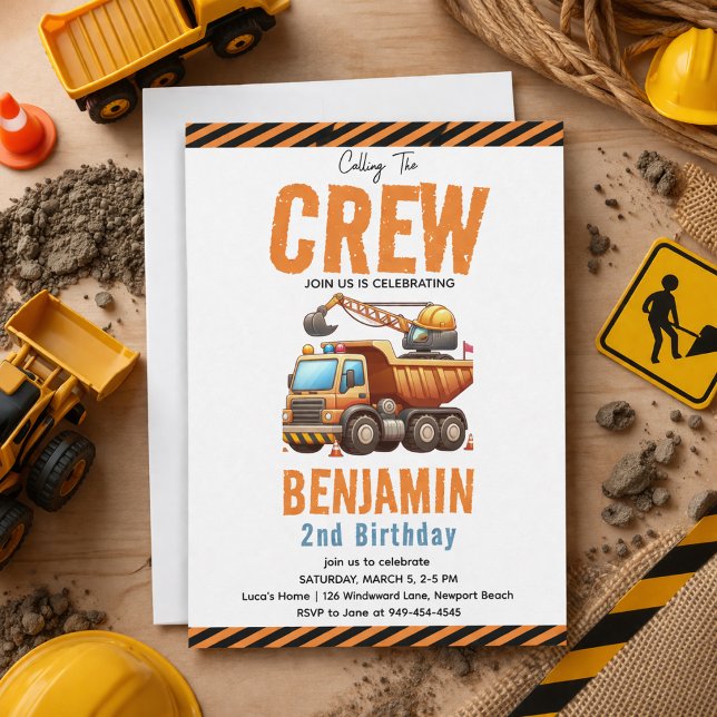 Invitation Équipe de construction Camion à benne Garçon 2e An (Construction Crew Dump Truck Boy 2nd Birthday Invitation
)