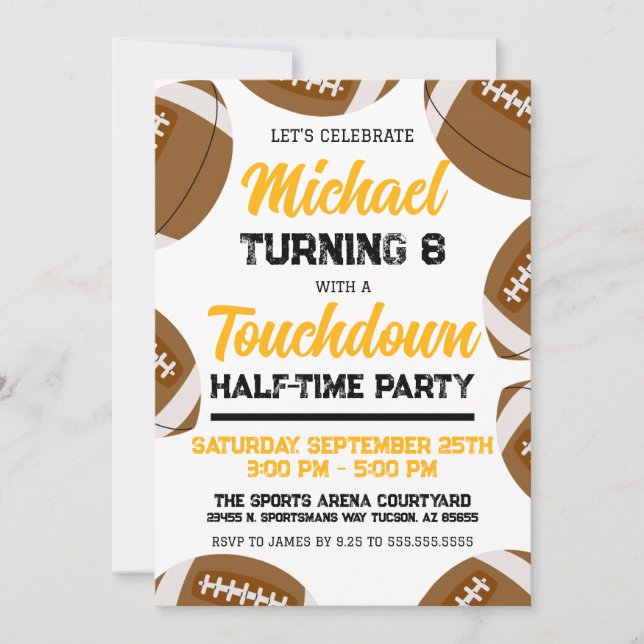 Invitation Équipe de football noir et or fête d'anniversaire (Devant)