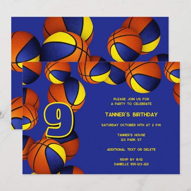 Invitation équipe d'or bleu couleurs basket-ball (Devant / Derrière)