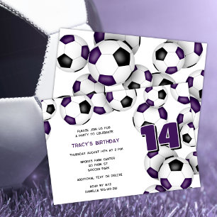 Invitation équipe noire violette couleurs soccer balls sport