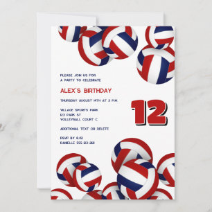 Invitation équipe rouge bleu couleurs volleyballs anniversair