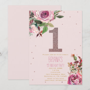 Invitation ęr L'anniversaire rougissent moderne floral d'or