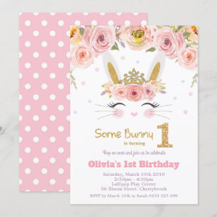 Invitation Ęr premier anniversaire de lapin mignon floral