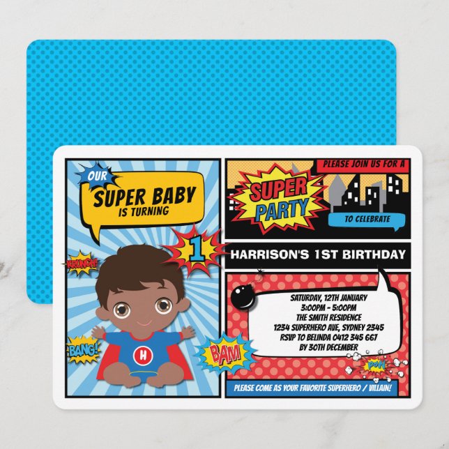 Invitation Ęrs fête d'anniversaire de super (Devant / Derrière)