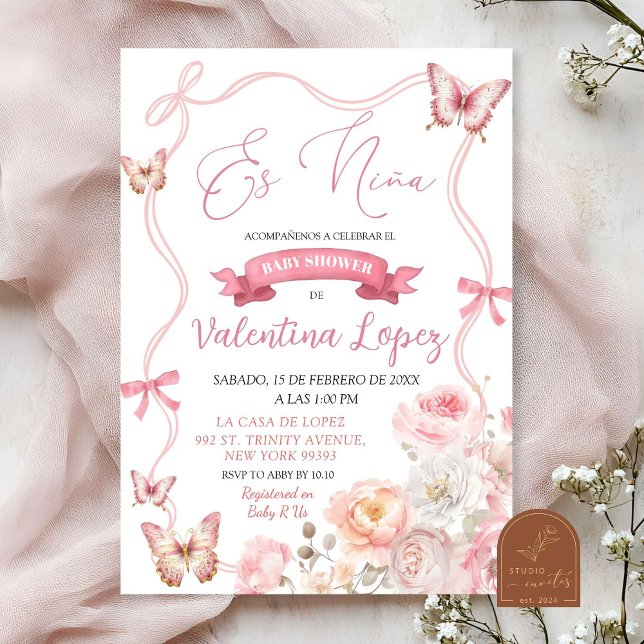Invitation Es Nina Bow rose Floral Blossom Girl Baby shower (Créateur téléchargé)