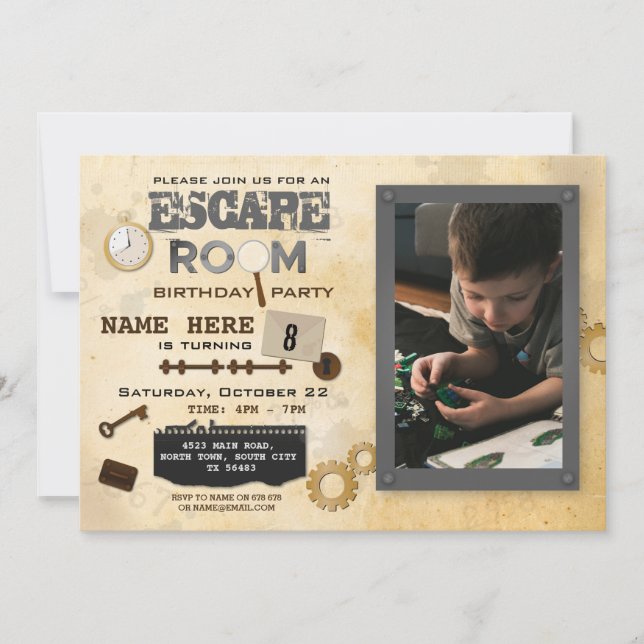 Invitation Escape Room Anniversaire Fête Photo Clues Spy (Devant)