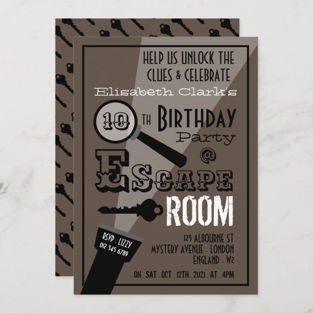 Invitation Escape Room, Soirée d'Anniversaire (Devant / Derrière)