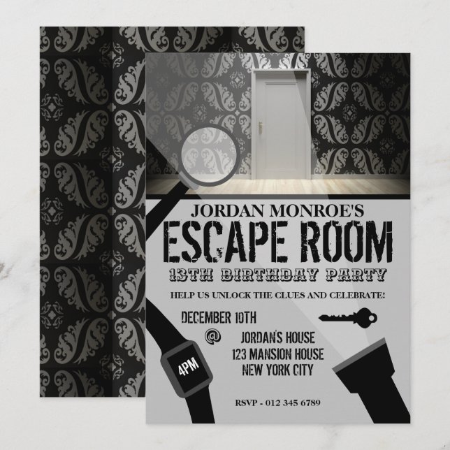 Invitation Escape Room, Soirée d'anniversaire à motif (Devant / Derrière)