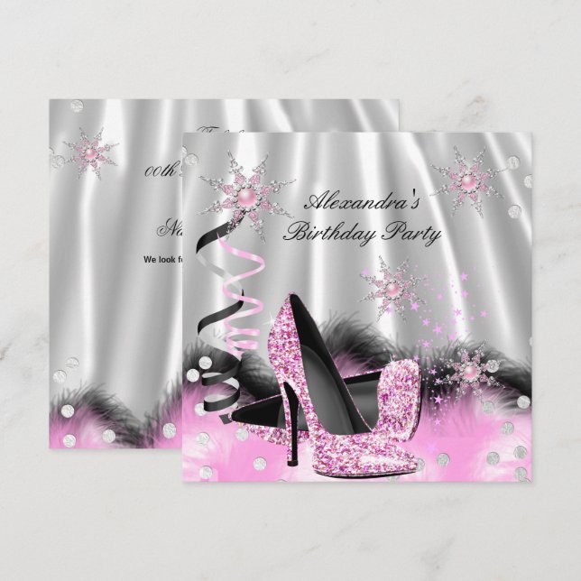Invitation Escarpins Rose Clair Fête d'Anniversaire Argentée (Devant / Derrière)