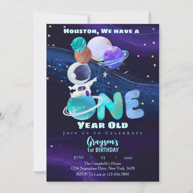 Invitation Espace 1er anniversaire Galaxie Espace extra-atmos (Devant)